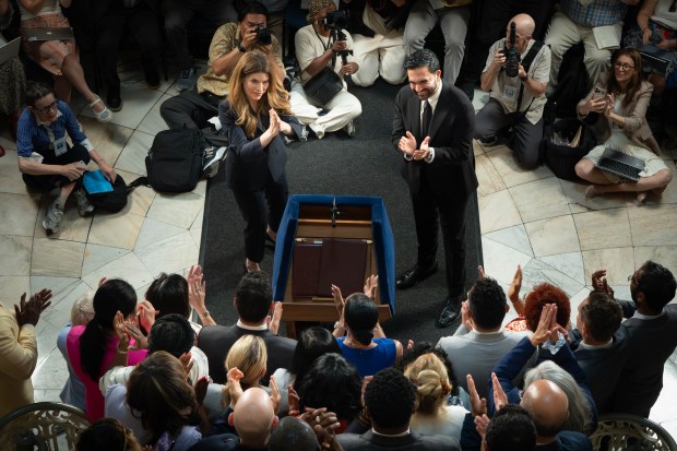 Mayor Zohran Mamdani and New York City Council Speaker Julie Menin announce a handshake agreement on the Fiscal Year 2027 Budget at City Hall on Tuesday, June 29, 2026. (Michael Appleton / Mayoral Photography Office)