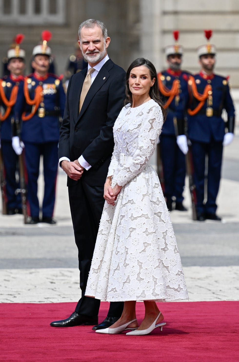 madrid, spain june 06 king felipe vi and queen letizia attend the welcoming ceremony for pope leo xiv at the royal palace, 6 june 2026, in madrid, spain the reception brings together the highest authorities of the state and the catholic church in spain and marks the official start of the pontiffs agenda in the country photo by alberto ortegaeuropa press via getty images