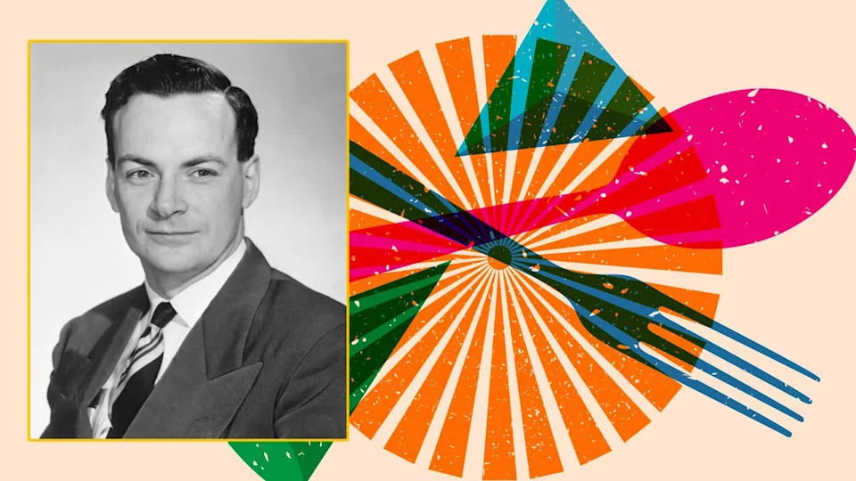 A portrait of Richard Feynman inset in a colorful illustration of a plate and fork.