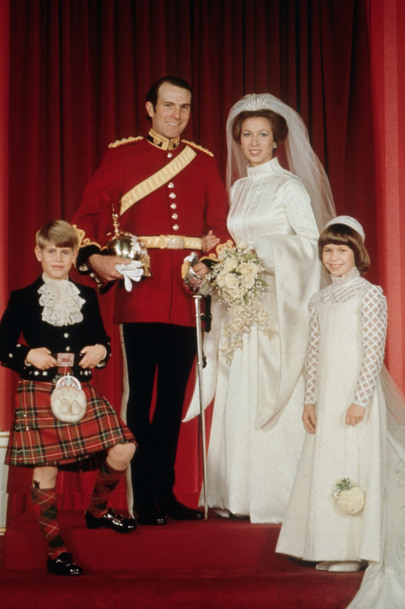 Image may contain Mark Phillips Anne Princess Royal Clothing Skirt Adult Person Wedding Dress and Fashion