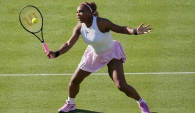 Serena Williams of the United States, hits a return as she and playing partner Victoria Mboko of Canada play against Nicole Melichar-Martinez of Canada and Erin Routliffe of New Zealand during their first round doubles match at the Queen's Club tennis championships in London, Tuesday, June 9, 2026.
