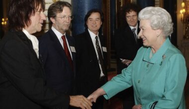 Queen Elizabeth II meets Jeff Beck, Eric Clapton, Jimmy Page and Brian May at Buckingham Palace