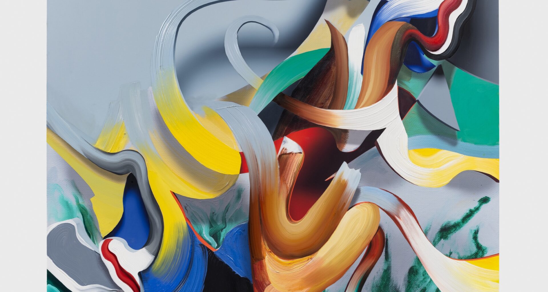 Pieter Schoolwerth, Descending, 2026. Oil, acrylic, and inkjet on canvas, 81 × 67 inches. Courtesy the artist and Petzel Gallery. Photo: Jason Mandella.