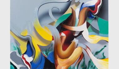 Pieter Schoolwerth, Descending, 2026. Oil, acrylic, and inkjet on canvas, 81 × 67 inches. Courtesy the artist and Petzel Gallery. Photo: Jason Mandella.