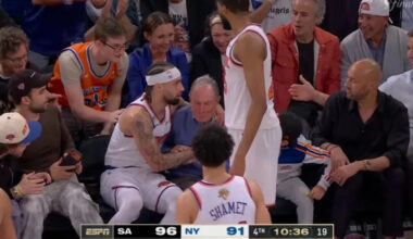 Knicks guard Jose Alvarado plows into former NYC Mayor Bloomberg during Game 3 of Finals