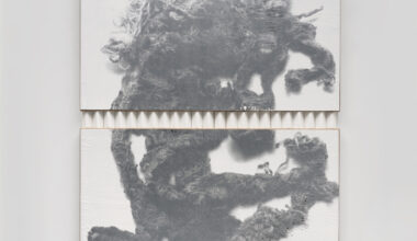 N. Dash, OGN_26, 2026. Earth, acrylic, cardboard corners, enamel, silkscreen ink, jute, 75 × 48 inches. Courtesy the artist and Hill Art Foundation. Photo: Thomas Barratt.