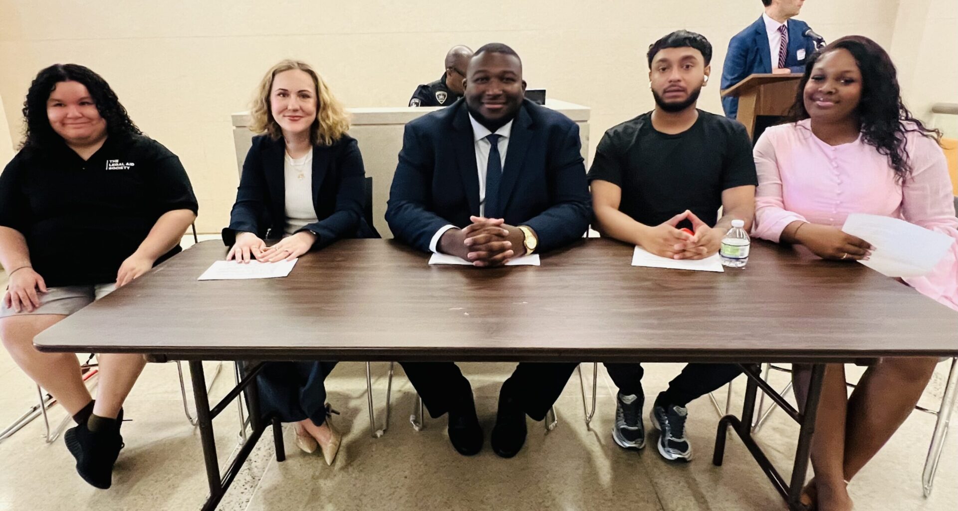 Teen Day panelists, from left: Regina Rivera, Youth Leadership board member and former foster youth; Leigh-Anna Faith, Youth Advisory board member of the Legal Aid Society and children’s rights legislative liaison; moderator Jasiyah Gilbert, client and community engagement manager at the Legal Aid Society; Mahir Bhuiyan, Youth Leadership board member; and Christina Abraham, Court Appointed Special Advocates youth fellow and Youth Advisory board member for the Legal Aid Society. Photo: Wayne Daren Schneiderman/Brooklyn Eagle