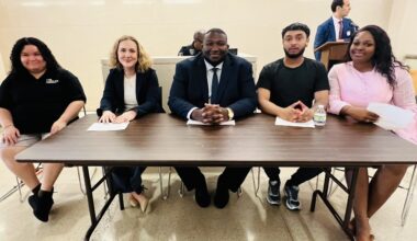Teen Day panelists, from left: Regina Rivera, Youth Leadership board member and former foster youth; Leigh-Anna Faith, Youth Advisory board member of the Legal Aid Society and children’s rights legislative liaison; moderator Jasiyah Gilbert, client and community engagement manager at the Legal Aid Society; Mahir Bhuiyan, Youth Leadership board member; and Christina Abraham, Court Appointed Special Advocates youth fellow and Youth Advisory board member for the Legal Aid Society. Photo: Wayne Daren Schneiderman/Brooklyn Eagle