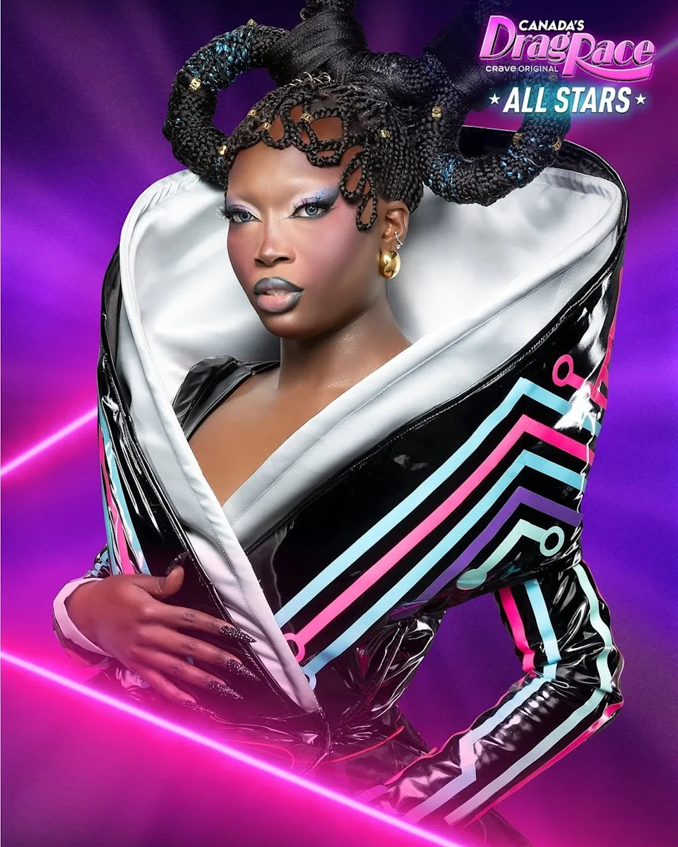 Person in futuristic costume with bold patterns and intricate hairstyle, posing for "Canada's Drag Race: All Stars" promotional image