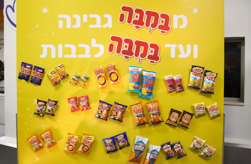 View of posters at the Bamba factory of the Osem corporation in Kiryat Gat, Israel, Feb. 19, 2019.
