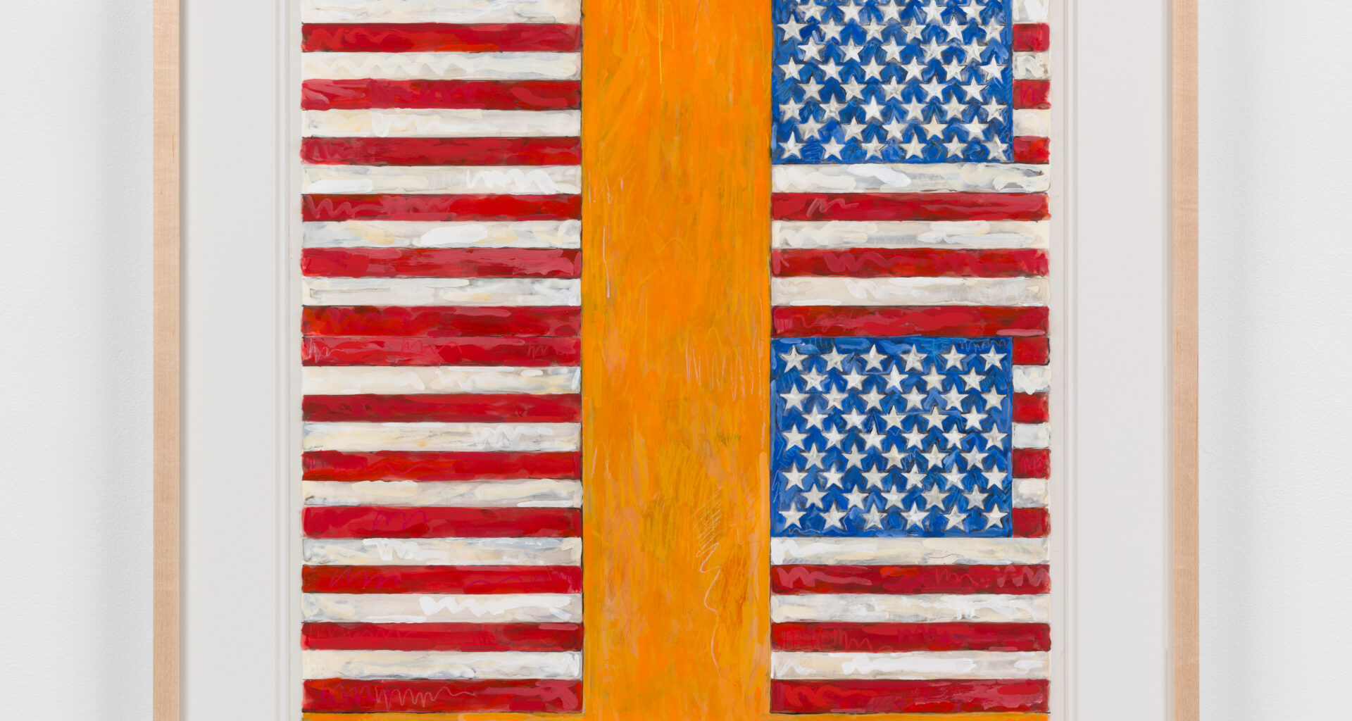 Jasper Johns, Two Flags on Orange, 1986–87. Acrylic, ink, and crayon on plastic, 34 ⅛ × 24 inches. Courtesy Craig Starr Gallery.