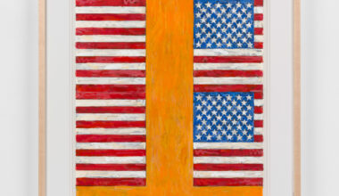 Jasper Johns, Two Flags on Orange, 1986–87. Acrylic, ink, and crayon on plastic, 34 ⅛ × 24 inches. Courtesy Craig Starr Gallery.