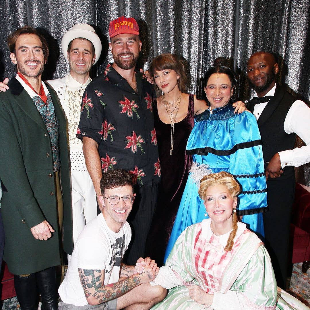 Cheyenne Jackson, Martin Landry, director Sam Pinkleton, Travis Kelce, Taylor Swift, Maya Rudolph as "Mary Todd Lincoln", Bianca Leigh and Phillip James Brannon pose backstage at the hit comedy "Oh, Mary!" on Broadway at The Lyceum Theatre on June 13, 2026 in New York City. 