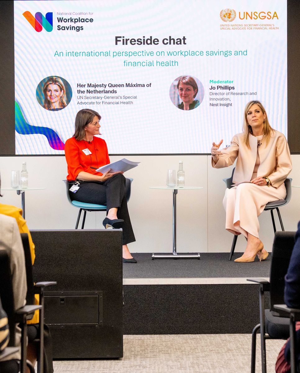 Queen Máxima participates in a roundtable discussion at Nationwide headquarters in London as part of her work as the United Nations Secretary-General's Special Advocate for Financial Health.