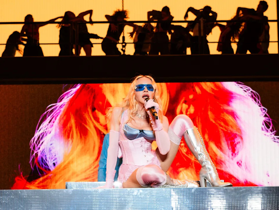 Madonna performs at a surprise concert in Times Square with Grindr in New York City, June 4, 2026.