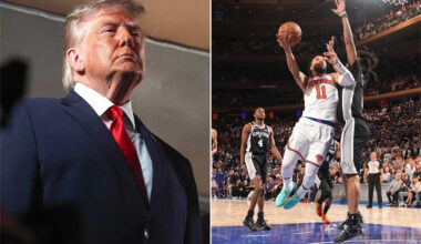 Donald Trump reacts to New York Knicks fans loudly booing him in the room at NBA Finals