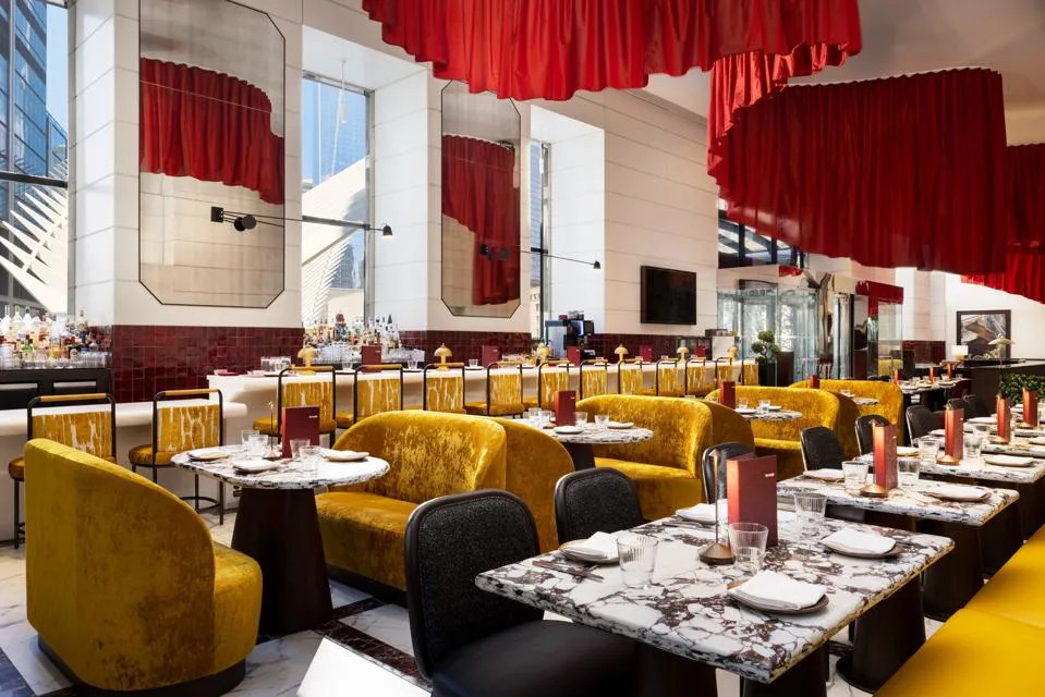 A spacious restaurant in a new hotel.