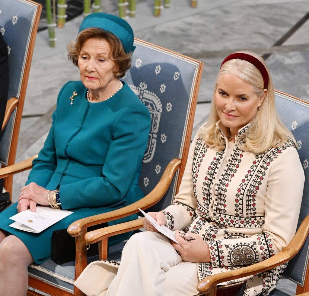Queen Sonja and Crown Princess Mette- Marit attend the Nobel Peace Prize ceremony for laureate Nihon Hidankyo (the Japan Confederation of A- and H-Bomb Sufferers Organizations) at Oslo City Hall on December 10, 2024 in Oslo, Norway