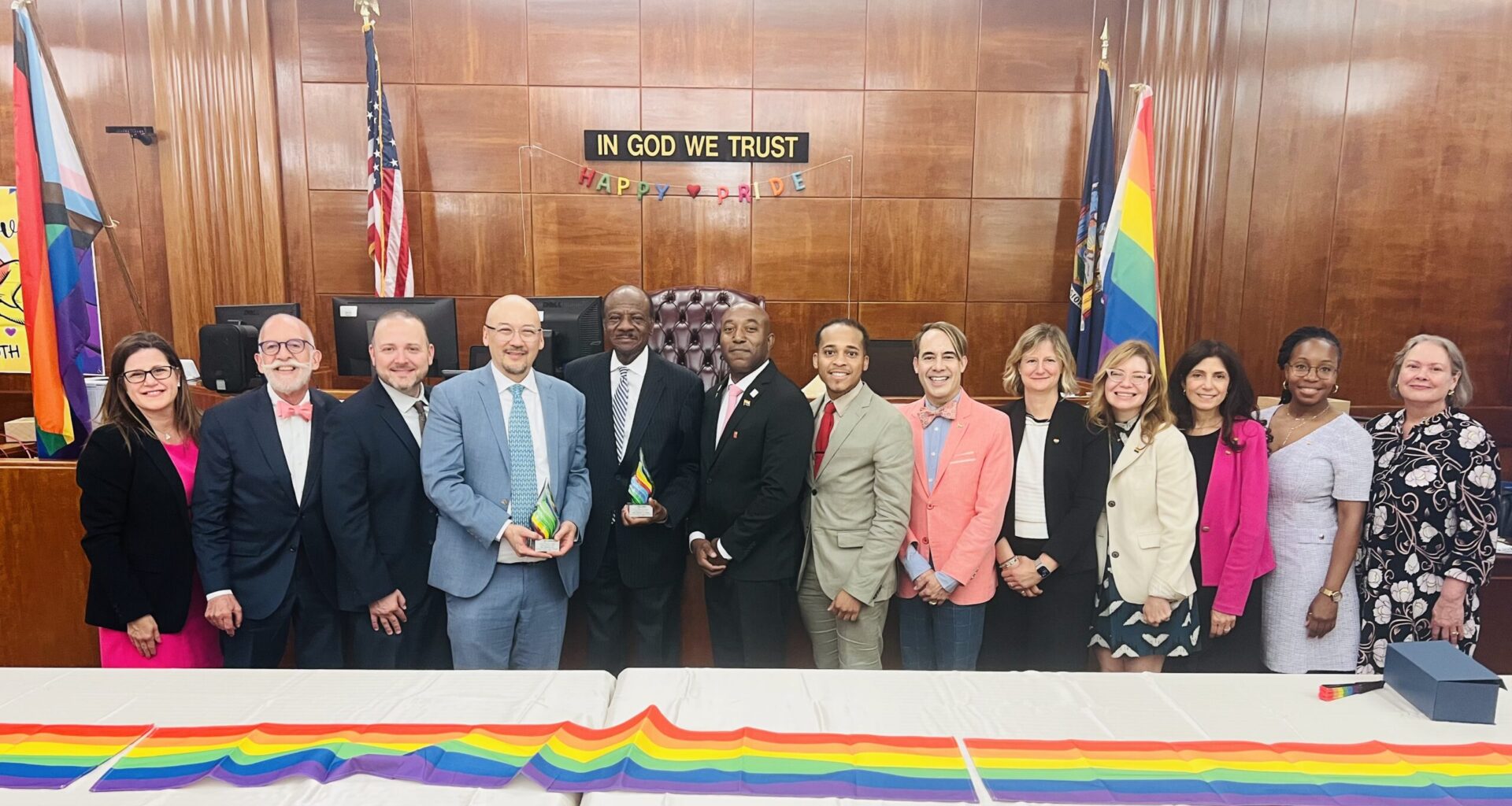 From left: Linda Lo Cascio, Esq.; Hon. Michael Sonberg; Hon. David Fried, president of the NYS LGBTQ+ Judges Association; Hon. Richard Tsai; Hon. Michael R. Milsap; Hon. Dale Fong-Frederick; Ronald Cosme Jr., Esq.; Hon. Javier Vargas; Hon. Carolina Holderness; Hon. Caroline Piela Cohen; Hon. Rosemarie Montalbano; Adela Guity Lalin; and Cynthia Hammond. Photo: Wayne Daren Schneiderman/Brooklyn Eagle