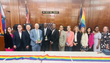 From left: Linda Lo Cascio, Esq.; Hon. Michael Sonberg; Hon. David Fried, president of the NYS LGBTQ+ Judges Association; Hon. Richard Tsai; Hon. Michael R. Milsap; Hon. Dale Fong-Frederick; Ronald Cosme Jr., Esq.; Hon. Javier Vargas; Hon. Carolina Holderness; Hon. Caroline Piela Cohen; Hon. Rosemarie Montalbano; Adela Guity Lalin; and Cynthia Hammond. Photo: Wayne Daren Schneiderman/Brooklyn Eagle