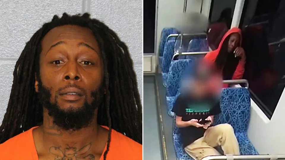 Mugshot of Decarlos Brown and surveillance footage of Brown on light rail trains