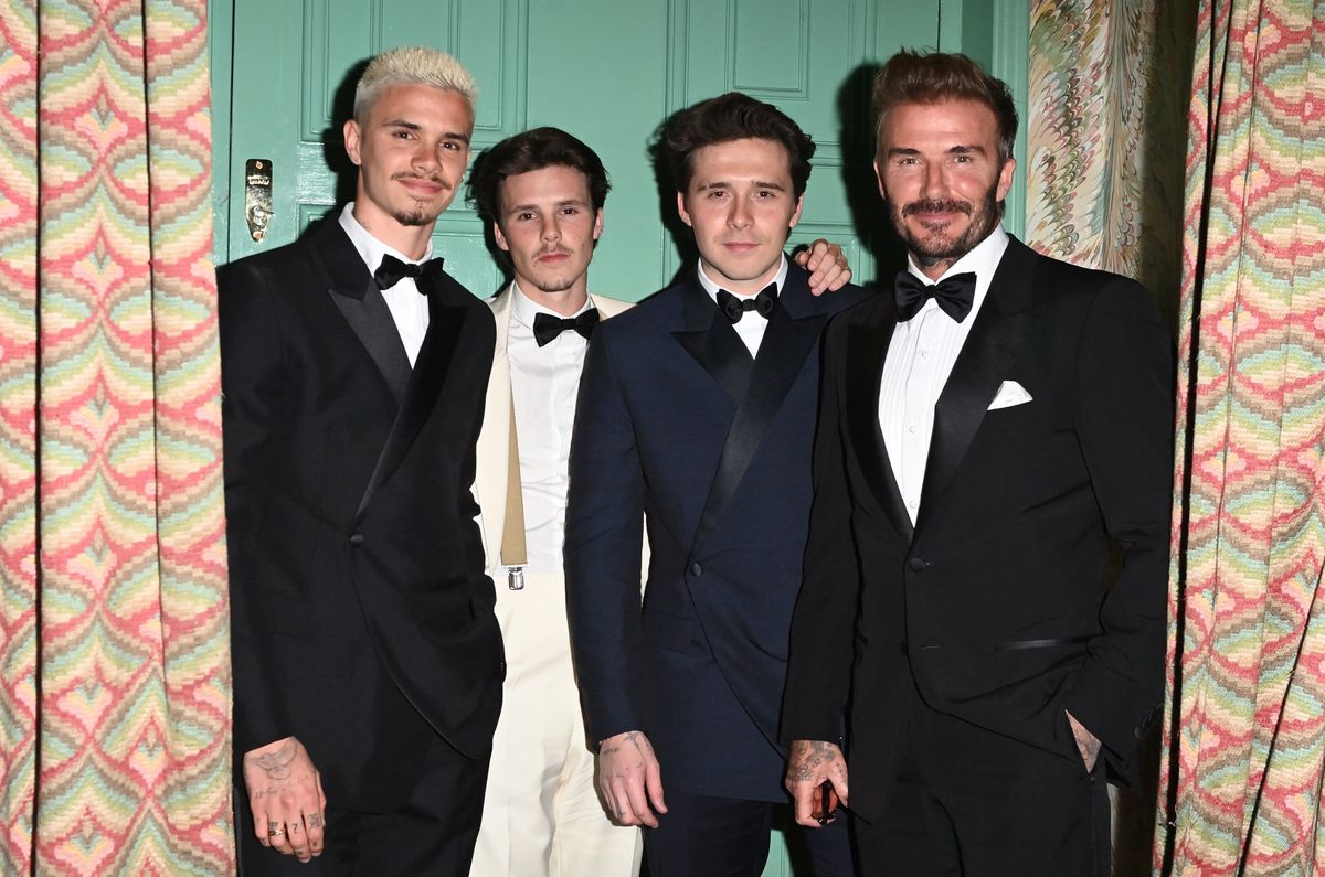 20 April 2024...Victoria Beckham's 50th Birthday Party held at Oswald's, Mayfair, London. ..Here: David Beckham,Brooklyn Beckham,Romeo Beckham & Cruz Beckham.. (Photo by Justin Goff Photos/Getty Images) 