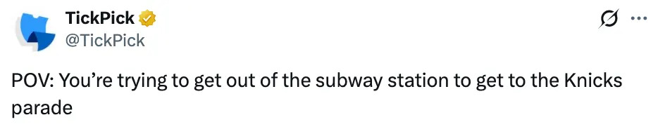 Tweet by TickPick about navigating a subway station to reach a Knicks parade