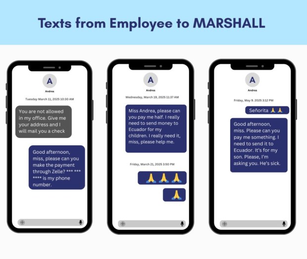 Text messages included in the charging papers against Marshall showed frantic seamstresses begging her to pay them. (Manhattan DA's Office)