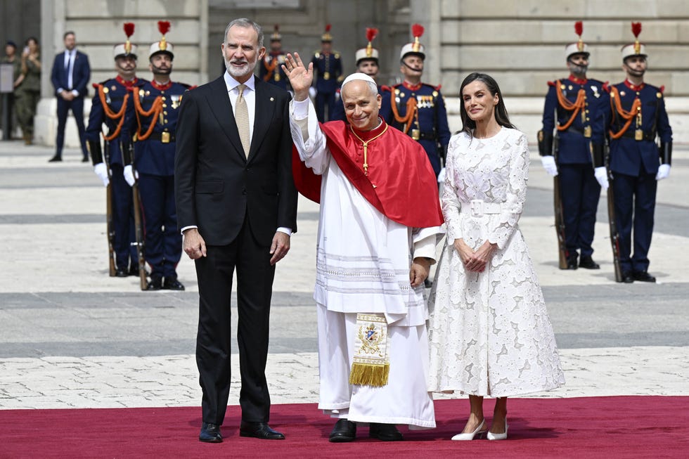 madrid, spain june 06 editor note strictly editorial use only  no merchandising queen letizia of spain, pope leo xiv and king felipe vi of spain pose during a welcome ceremony at royal palace on june 06, 2026 in madrid, spain pope leo xiv is making an apostolic journey to spain from june 6–12, marking the first papal visit to the country since benedict xvi visited in 2011 during the trip pope leo travels to madrid, barcelona, and the canary islands of gran canaria and tenerife many of his planned engagements center on issues around marginalized people, youth, and migrants, alongside meetings with the spanish royals, government figures, and church officials a highlight of the itinerary sees pope leo inaugurate the recently completed tower of jesus christ spire at the basílica de la sagrada familia in barcelona, to coincide with the 100th anniversary of the architect antoni gaudís death photo by elisabetta trevisan  vatican media via vatican poolgetty images