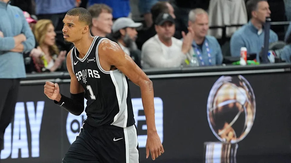 May 28, 2026; San Antonio, Texas, USA; <a class="link " href="https://sports.yahoo.com/nba/teams/san-antonio/" data-i13n="sec:content-canvas;subsec:anchor_text;elm:context_link" data-ylk="slk:San Antonio Spurs;sec:content-canvas;subsec:anchor_text;elm:context_link;itc:0" data-yga="{"yLinkElement":"context_link","yModuleName":"content-canvas","yLinkText":"San Antonio Spurs","ySubModuleName":"anchor_text","yHasCommerce":false}">San Antonio Spurs</a> forward Victor Wembanyama (1) reacts in the first half during game six of the western conference finals for the 2026 NBA playoffs at Frost Bank Center. Mandatory Credit: Dustin Safranek-Imagn Images© Dustin Safranek-Imagn Images&period;