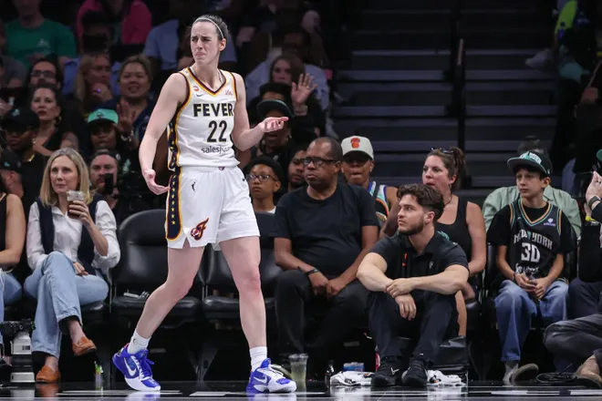 Jun 6, 2026; Brooklyn, New York, USA; Indiana Fever guard Caitlin Clark (22) reacts after getting fouled in the third quarter against the New York Liberty at Barclays Center. Mandatory Credit: Wendell Cruz-Imagn Images
