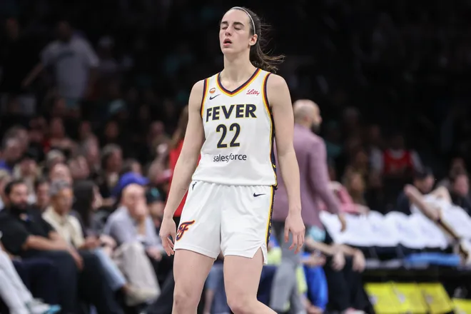 Jun 6, 2026; Brooklyn, New York, USA; Indiana Fever guard Caitlin Clark (22) reacts to a call in the fourth quarter against the New York Liberty at Barclays Center. Mandatory Credit: Wendell Cruz-Imagn Images