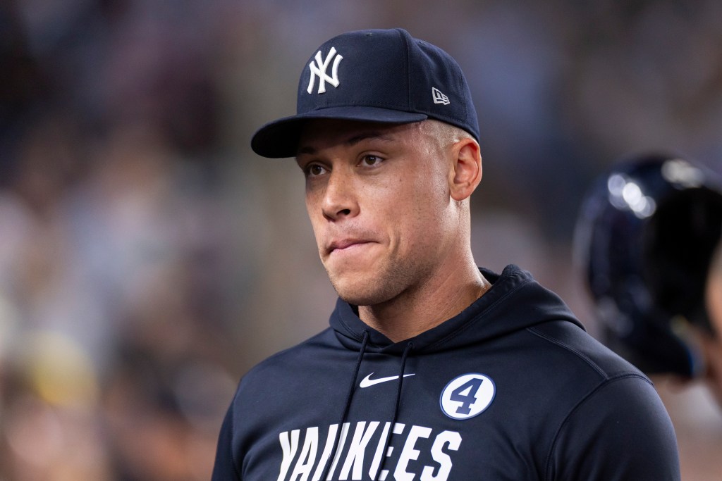 New York Yankees' Aaron Judge looking on.