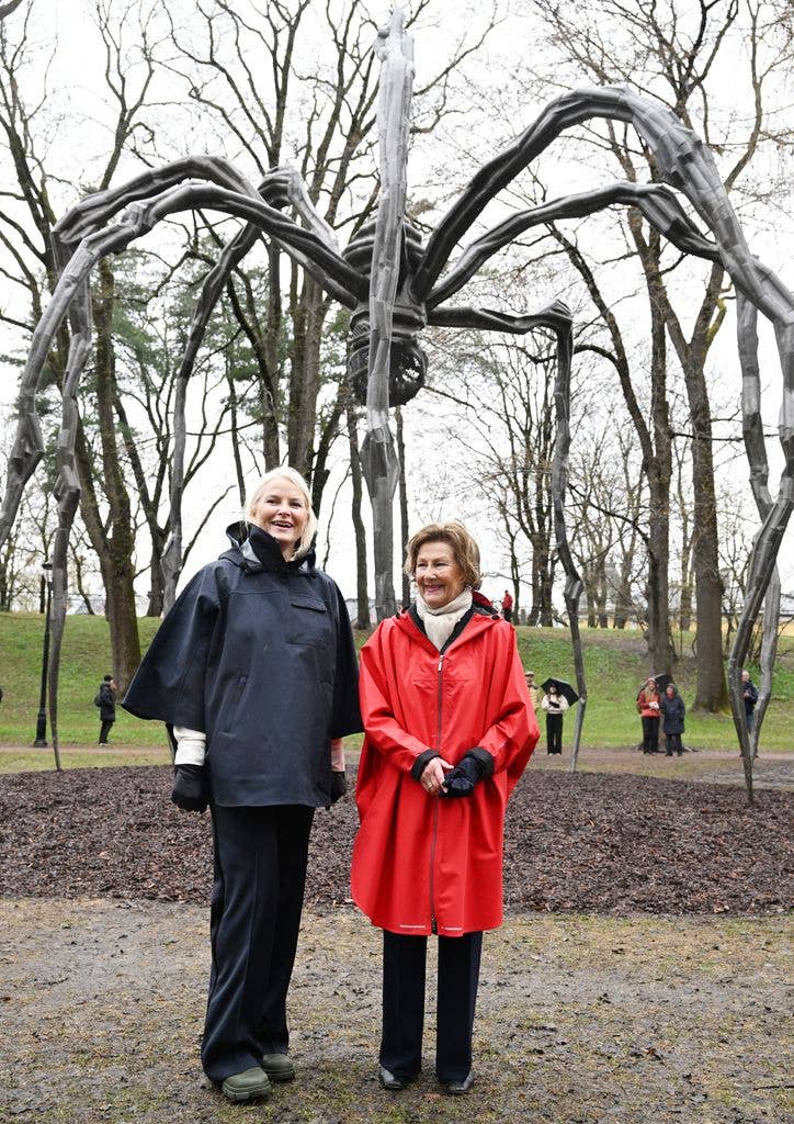 Queen Sonja of Norway and Crown Princess Mette- Marit of Norway attend the unveiling of Louise Bourgeois's Monumental Sculpture "Maman" at The Palace Park