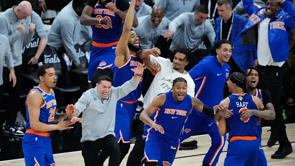 <div>The New York Knicks celebrate after defeating the <a class="link " href="https://sports.yahoo.com/nba/teams/san-antonio/" data-i13n="sec:content-canvas;subsec:anchor_text;elm:context_link" data-ylk="slk:San Antonio Spurs;sec:content-canvas;subsec:anchor_text;elm:context_link;itc:0" data-yga="{"yLinkElement":"context_link","yModuleName":"content-canvas","yLinkText":"San Antonio Spurs","ySubModuleName":"anchor_text","yHasCommerce":false}">San Antonio Spurs</a> in Game 5 of the NBA Finals basketball series, Saturday, June 13, 2026, in <a class="link " href="https://sports.yahoo.com/nba/teams/san-antonio/" data-i13n="sec:content-canvas;subsec:anchor_text;elm:context_link" data-ylk="slk:San Antonio;sec:content-canvas;subsec:anchor_text;elm:context_link;itc:0" data-yga="{"yLinkElement":"context_link","yModuleName":"content-canvas","yLinkText":"San Antonio","ySubModuleName":"anchor_text","yHasCommerce":false}">San Antonio</a>. (AP Photo/Ross D. Franklin)</div>