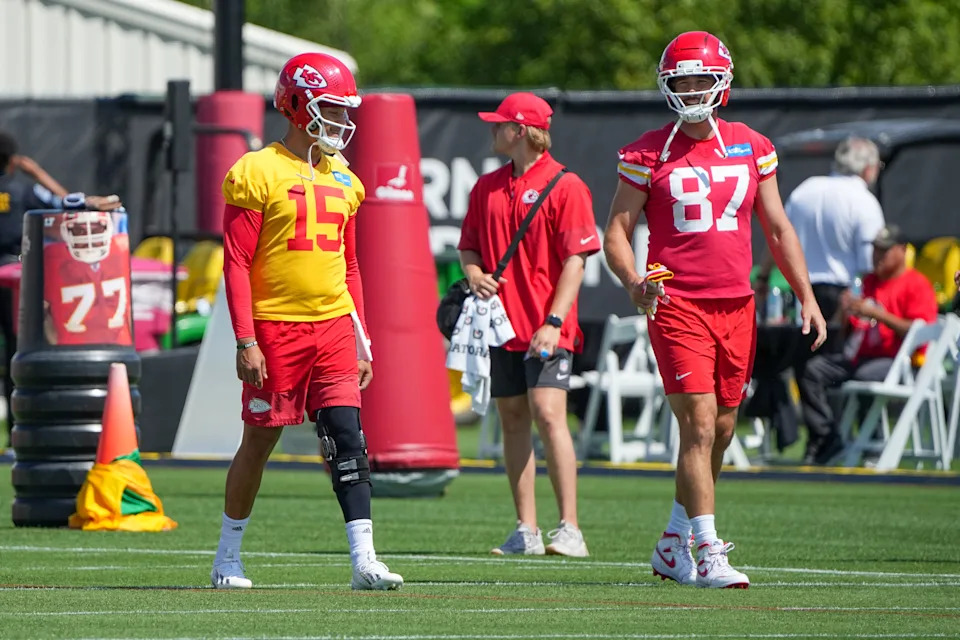 Kelce (seen here with Patrick Mahomes on Tuesday) participated in strength and conditioning activities and on-field drills. Denny Medley-Imagn Images