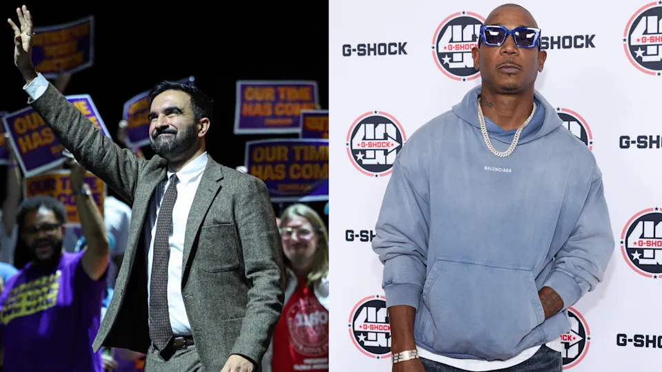 Split image: Left shows Zohran Mamdani in a suit waving at a rally, surrounded by supporters with signs. Right shows Ja Rule in sunglasses and a blue hoodie at a G-Shock event.