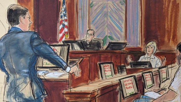 In this courtroom sketch, E. Jean Carroll, right, is cross examined by Donald Trump's defense attorney Joe Tacopina, left, in federal court in Manhattan on April 27, 2023.