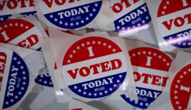 "I voted" stickers are seen in an Election Office during early voting, Wednesday, Oct. 16, 2024.
