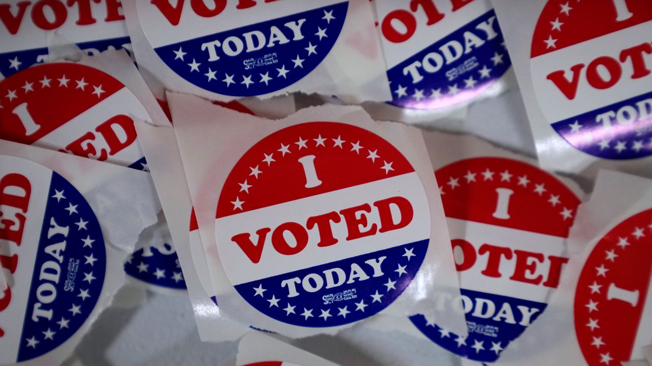"I voted" stickers are seen in an Election Office during early voting, Wednesday, Oct. 16, 2024.
