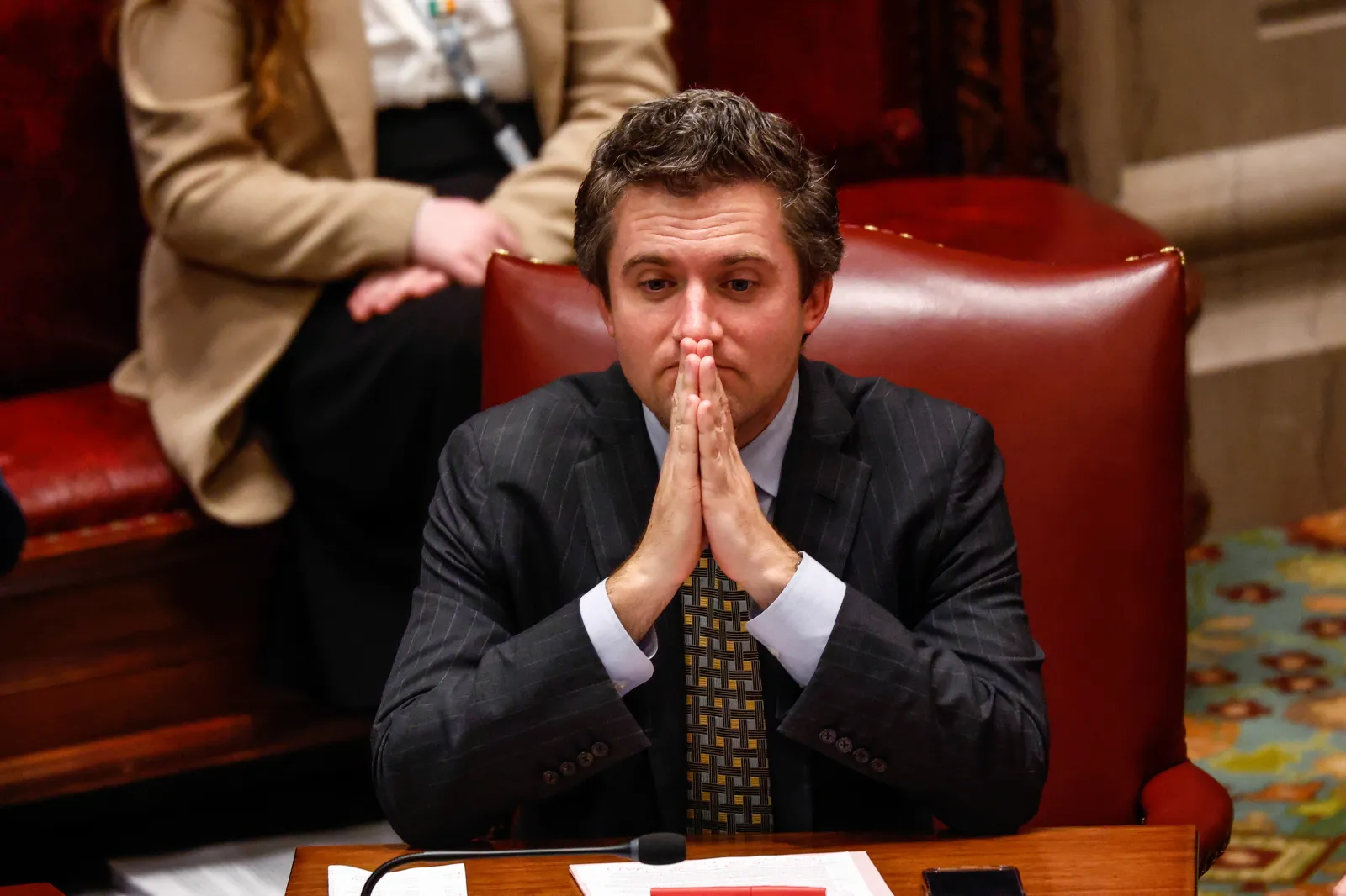 New York State Senator James Skoufis pauses as he attends a season on the State Capitol on May 28, 2025, in Albany, New York.