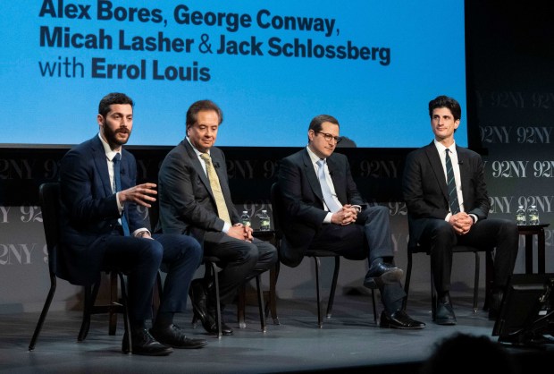 From left, Alex Bores, George Conway, Micah Lasher, and Jack Schlossberg, democratic candidates in New York's 12th Congressional District, and Errol Louis attend "NY-12 for Congress: Candidate Forum" at 92NY, Wednesday, April 15, 2026, in New York. (AP Photo/Yuki Iwamura)