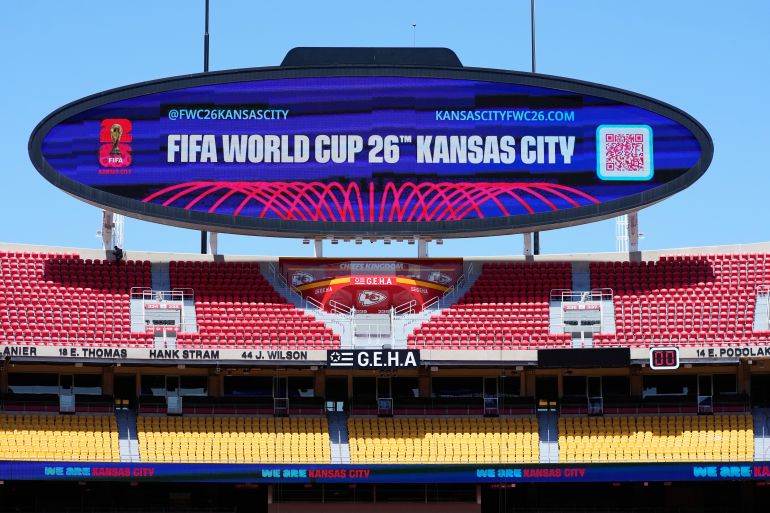 A general view of Arrowhead Stadium as it is rebranded as Kansas City Stadium, Monday, May 11, 2026, ahead of the 2026 FIFA World Cup soccer matches in Kansas City, Mo. (AP Photo/Charlie Riedel)