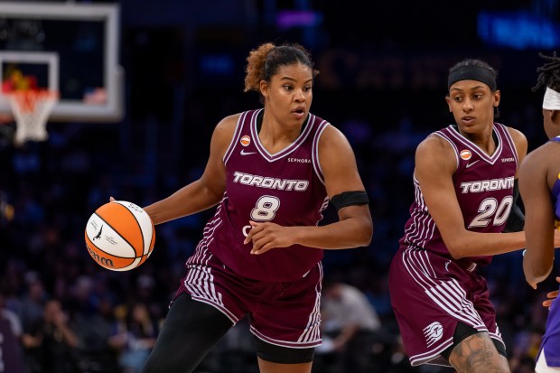 Toronto Tempo forward Nyara Sabally dribbles up the court against the Los Angeles Sparks during a WNBA basketball game in Los Angeles, Friday, May 15, 2026.