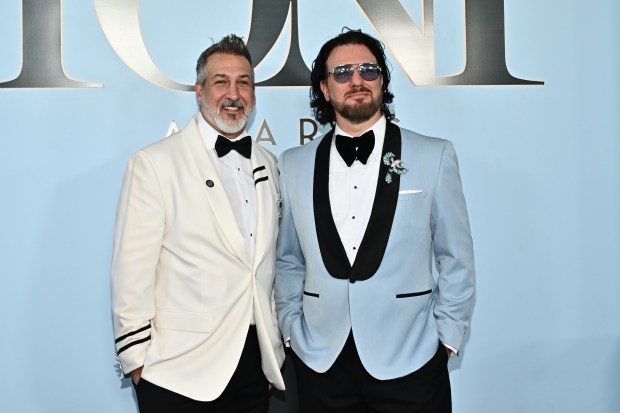 Joey Fatone, left, and JC Chasez arrive at the 79th Tony Awards on Sunday, June 7, 2026, at Radio City Music Hall in New York. (Photo by Evan Agostini/Invision/AP)