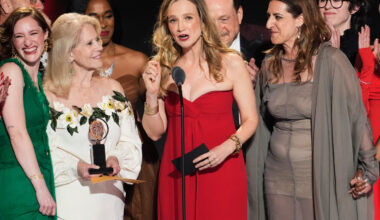 Bess Wohl, center, accepts the award for best play for "Liberation" during the 79th Tony Awards on Sunday, June 7, 2026, at Radio City Music Hall in New York. Photo: Charles Sykes/Invision/AP