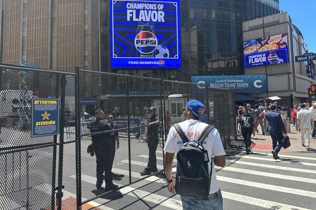Security is set up outside of Madison Square Garden in New York, Monday, June 8, 2026, as President Donald Trump is set to attend Game 3 of the NBA Finals basketball series between the New York Knicks and the San Antonio Spurs.