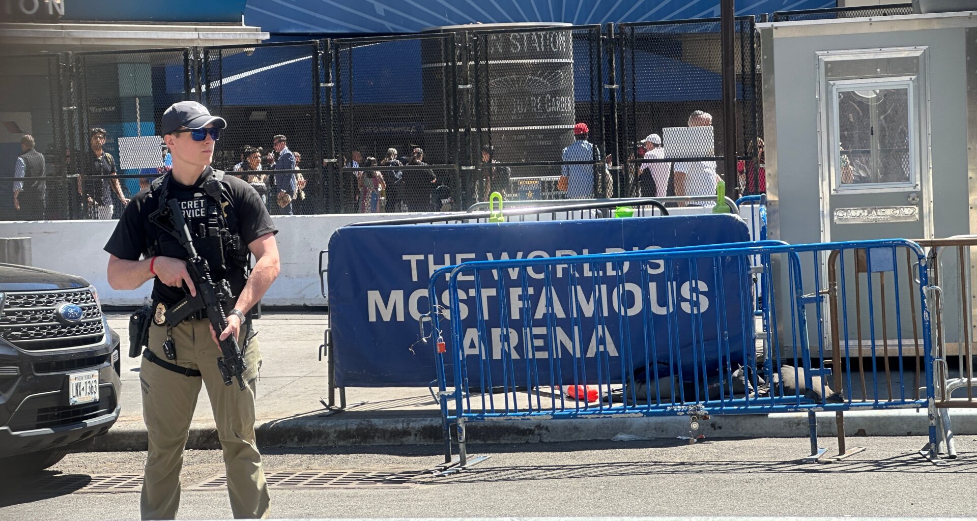 A Secret Service agent stands watch outside Madison Square Garden in New York, Monday, June 8, 2026, as President Donald Trump is set to attend Game 3 of the NBA Finals basketball series between the New York Knicks and the San Antonio Spurs.