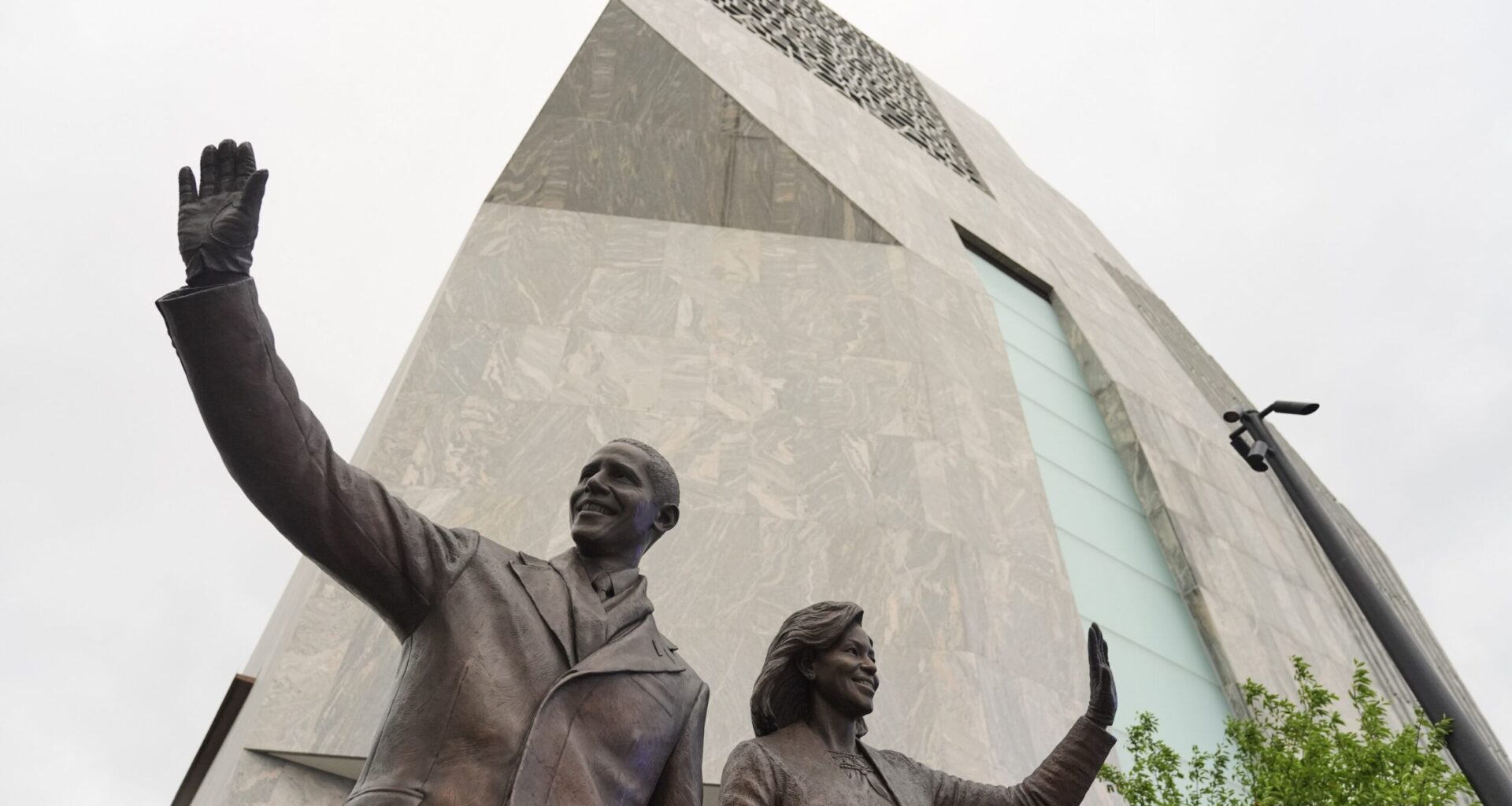 A statue of former President Barack Obama and former first lady Michelle Obama is seen at the Obama Presidential Center ahead of the dedicated ceremony Thursday, June 18, 2026, in Chicago. Photo: Jeff Roberson/AP