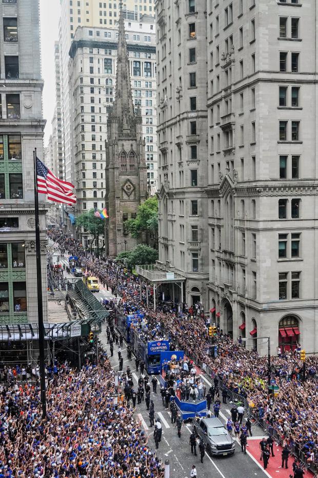 The NBA Champion New York Knicks taker-tape parade on Broadway, in New York's "Canyon of Heroes," Thursday, June 18, 2026. (AP Photo/Richard Drew)